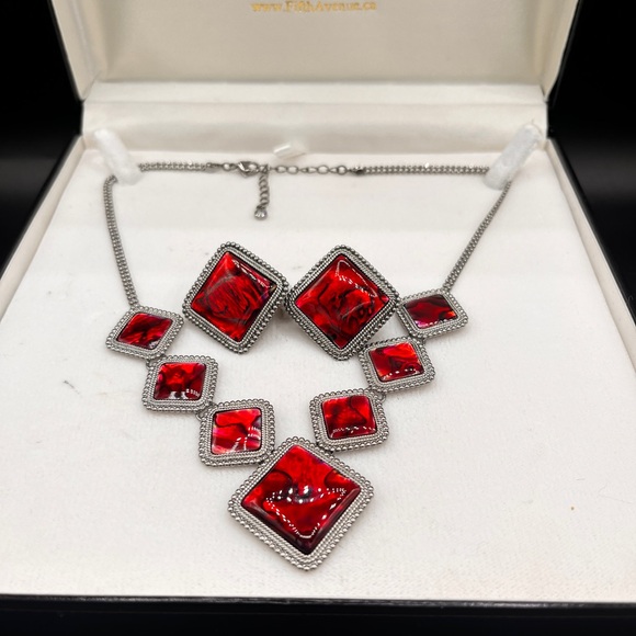Vtg Butler Signed Fifth Avenue Collection Red Rubi Abalone Necklace And Earrings - Picture 4 of 11
